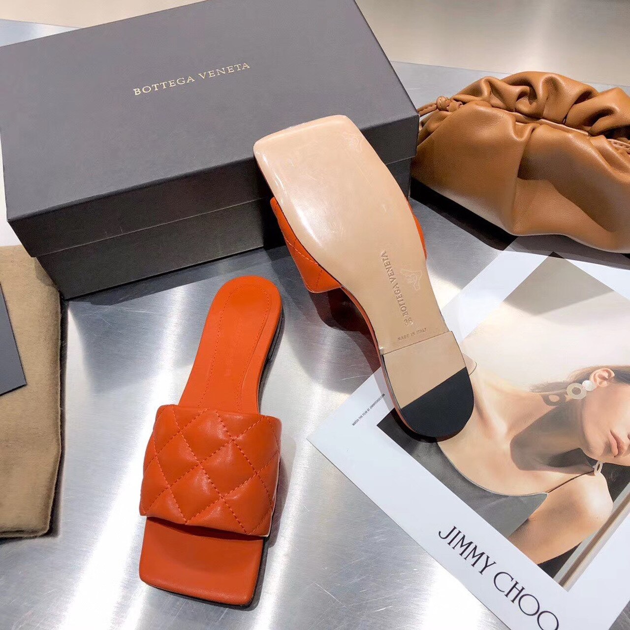 Bottega Veneta Square Toe Padded Sandals Calfskin Leather Spring/Summer 2020 Collection, Orange