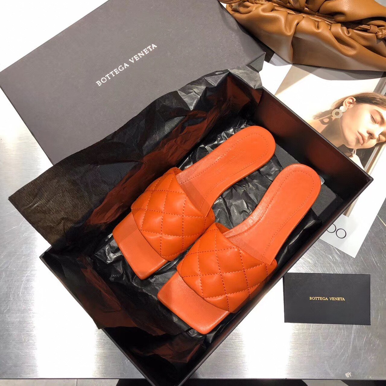 Bottega Veneta Square Toe Padded Sandals Calfskin Leather Spring/Summer 2020 Collection, Orange