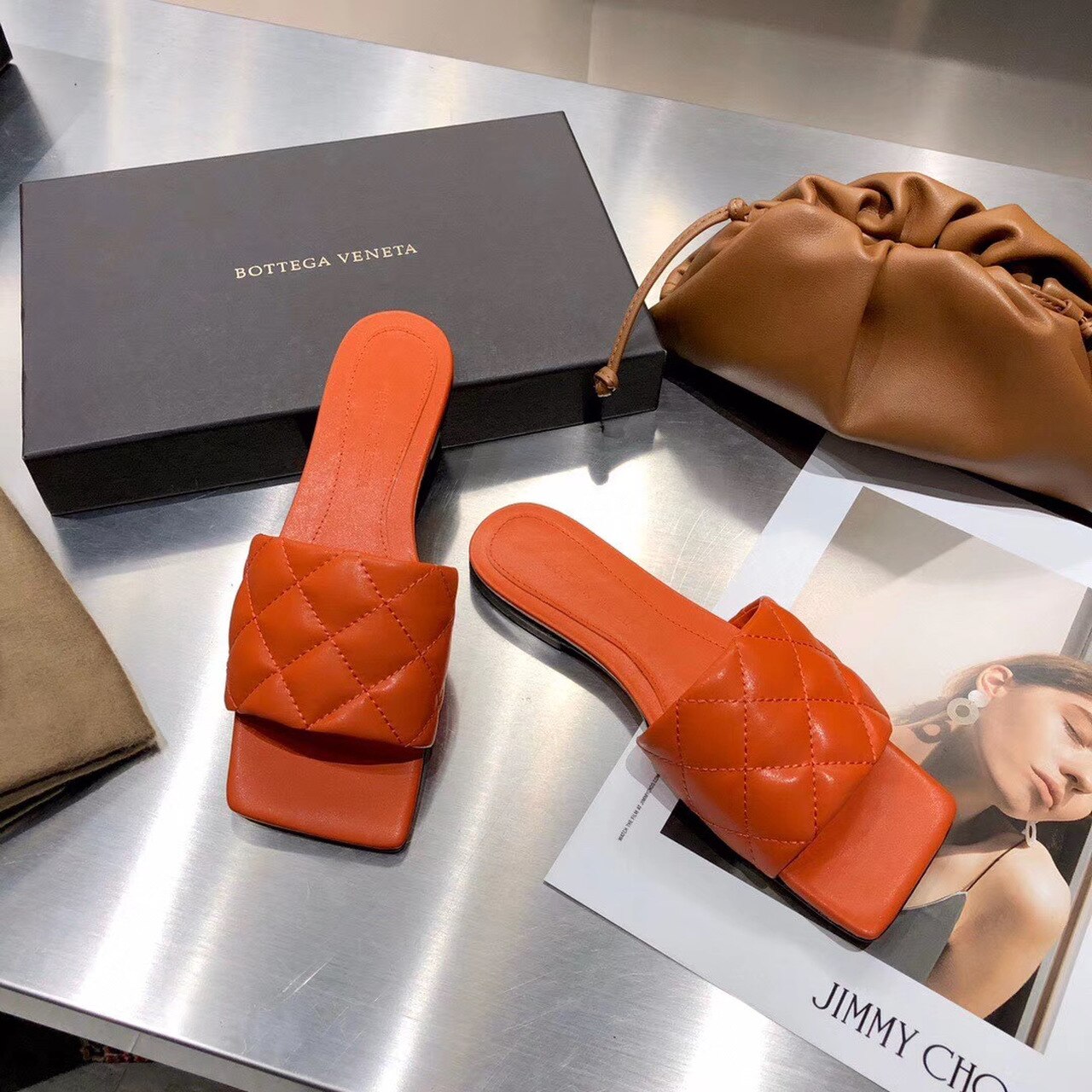 Bottega Veneta Square Toe Padded Sandals Calfskin Leather Spring/Summer 2020 Collection, Orange