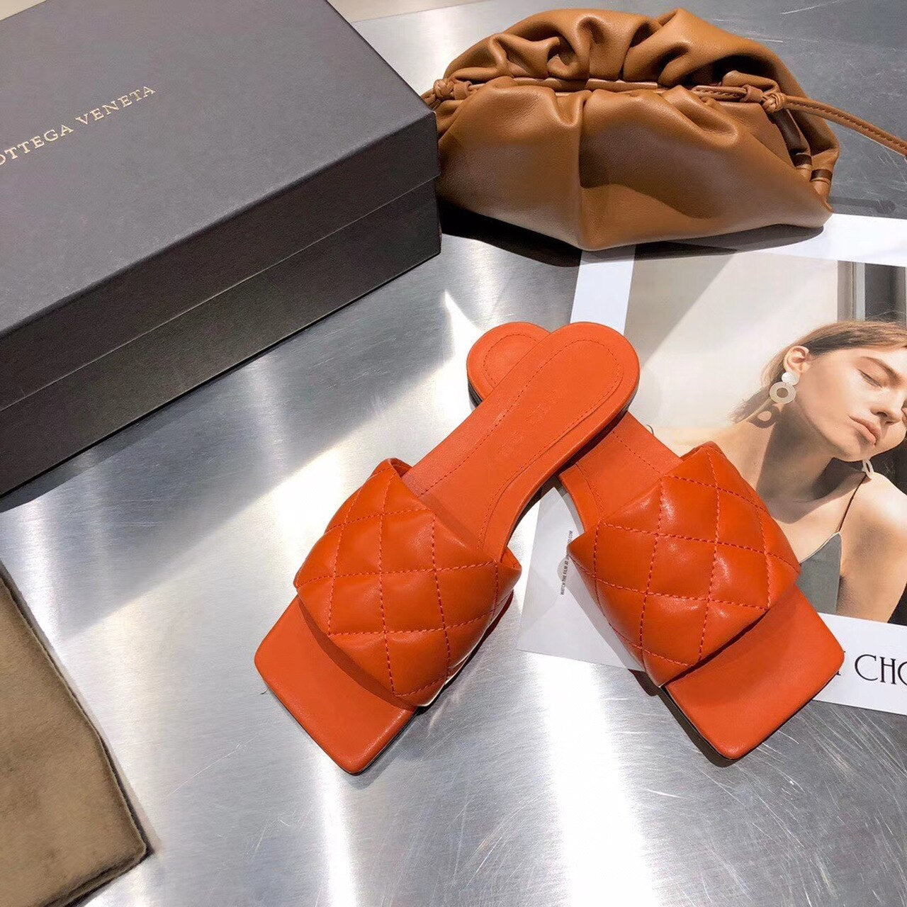 Bottega Veneta Square Toe Padded Sandals Calfskin Leather Spring/Summer 2020 Collection, Orange
