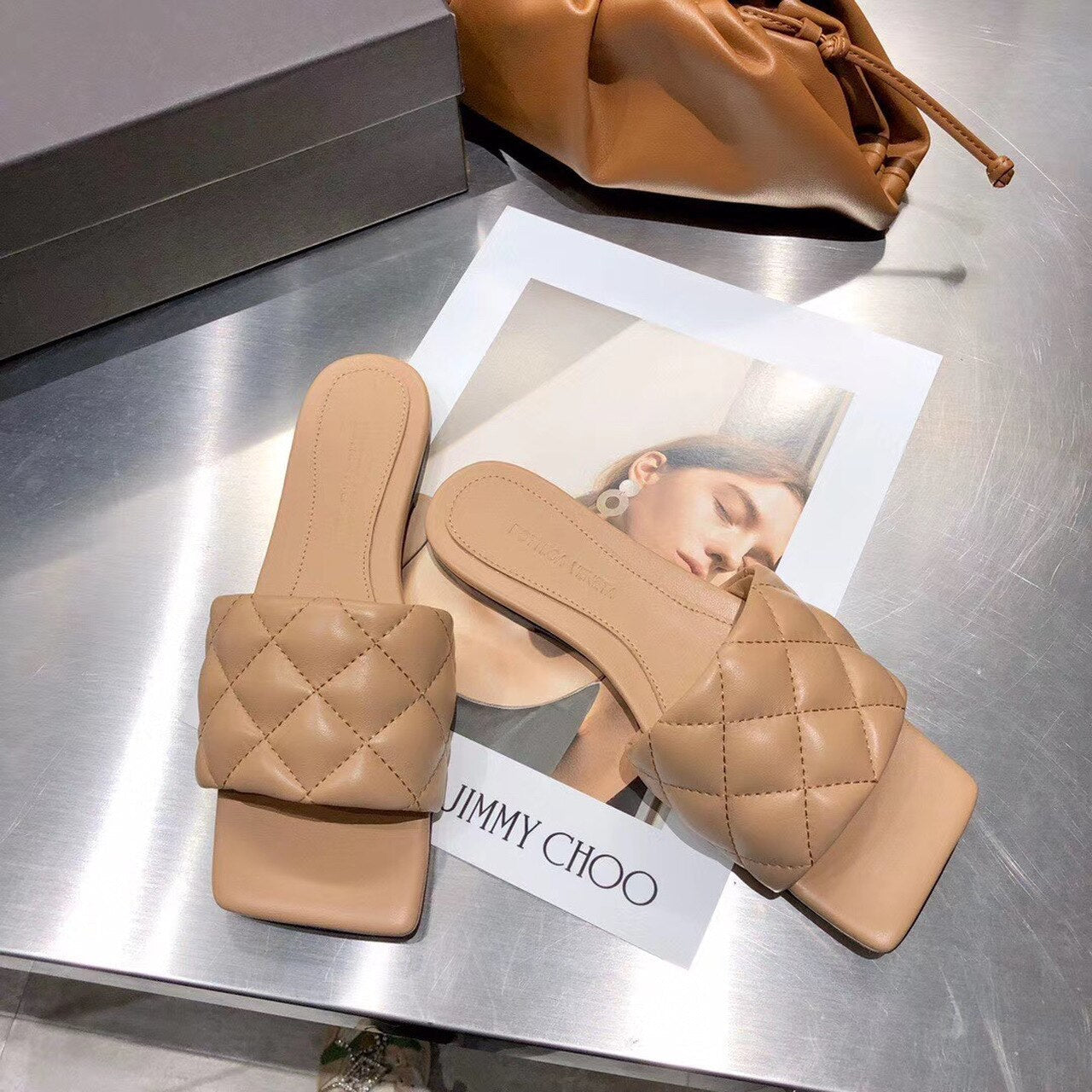 Bottega Veneta Square Toe Padded Sandals Calfskin Leather Spring/Summer Collection, Beige