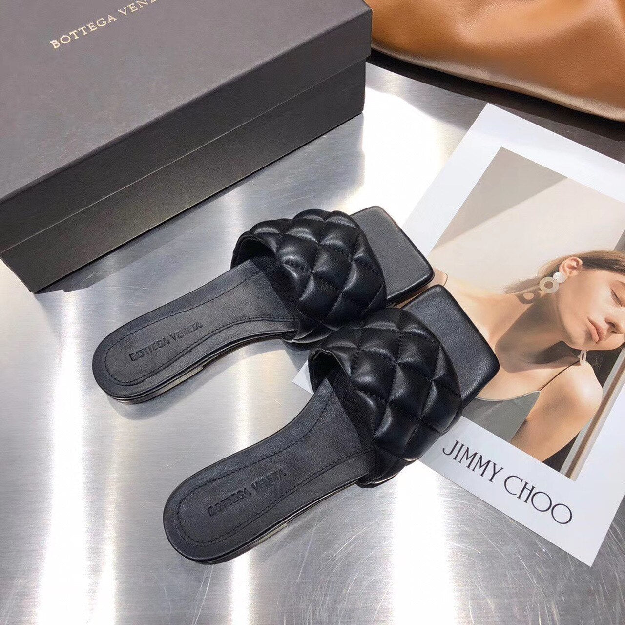 Bottega Veneta Square Toe Padded Sandals Calfskin Leather Spring/Summer 2020 Collection, Black
