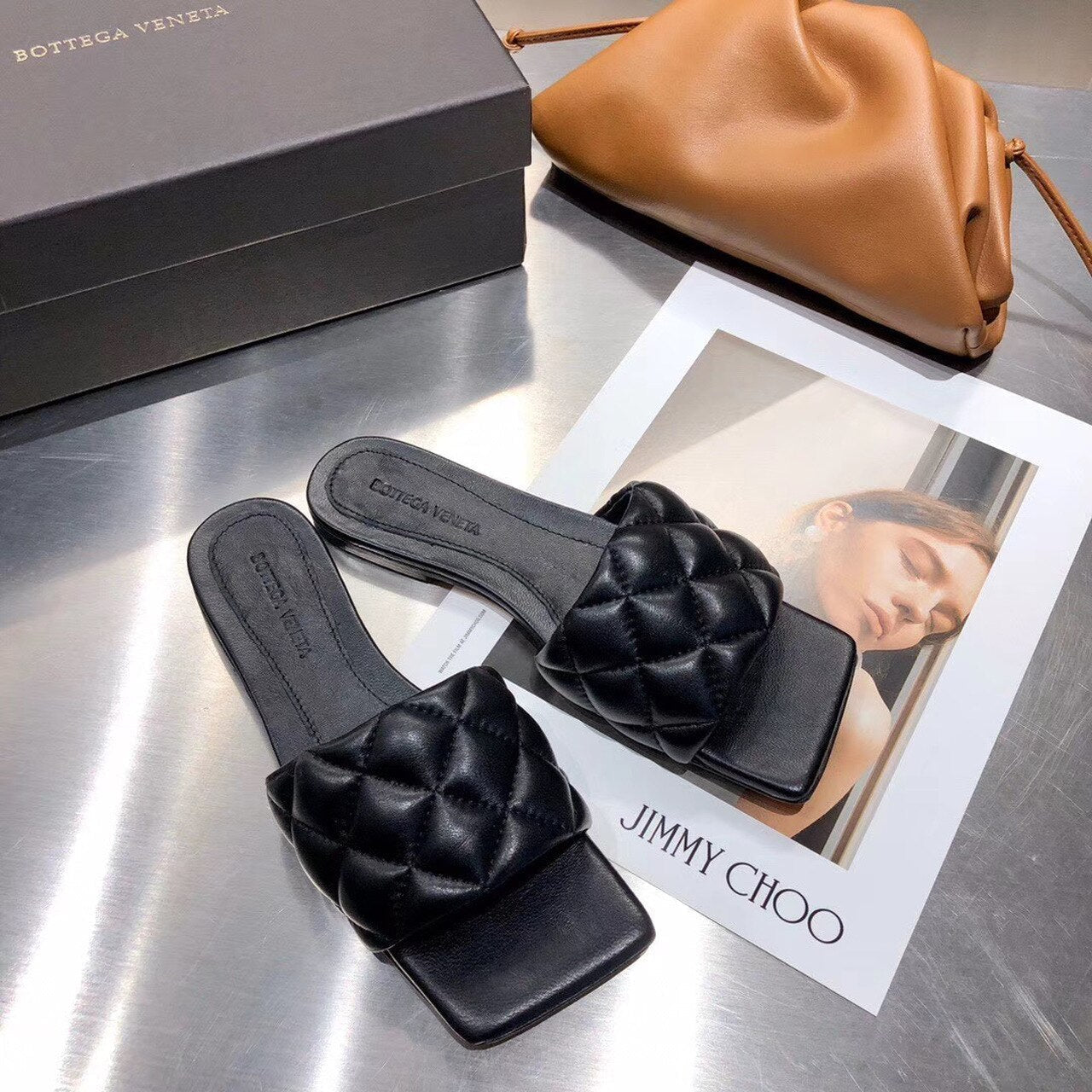 Bottega Veneta Square Toe Padded Sandals Calfskin Leather Spring/Summer 2020 Collection, Black