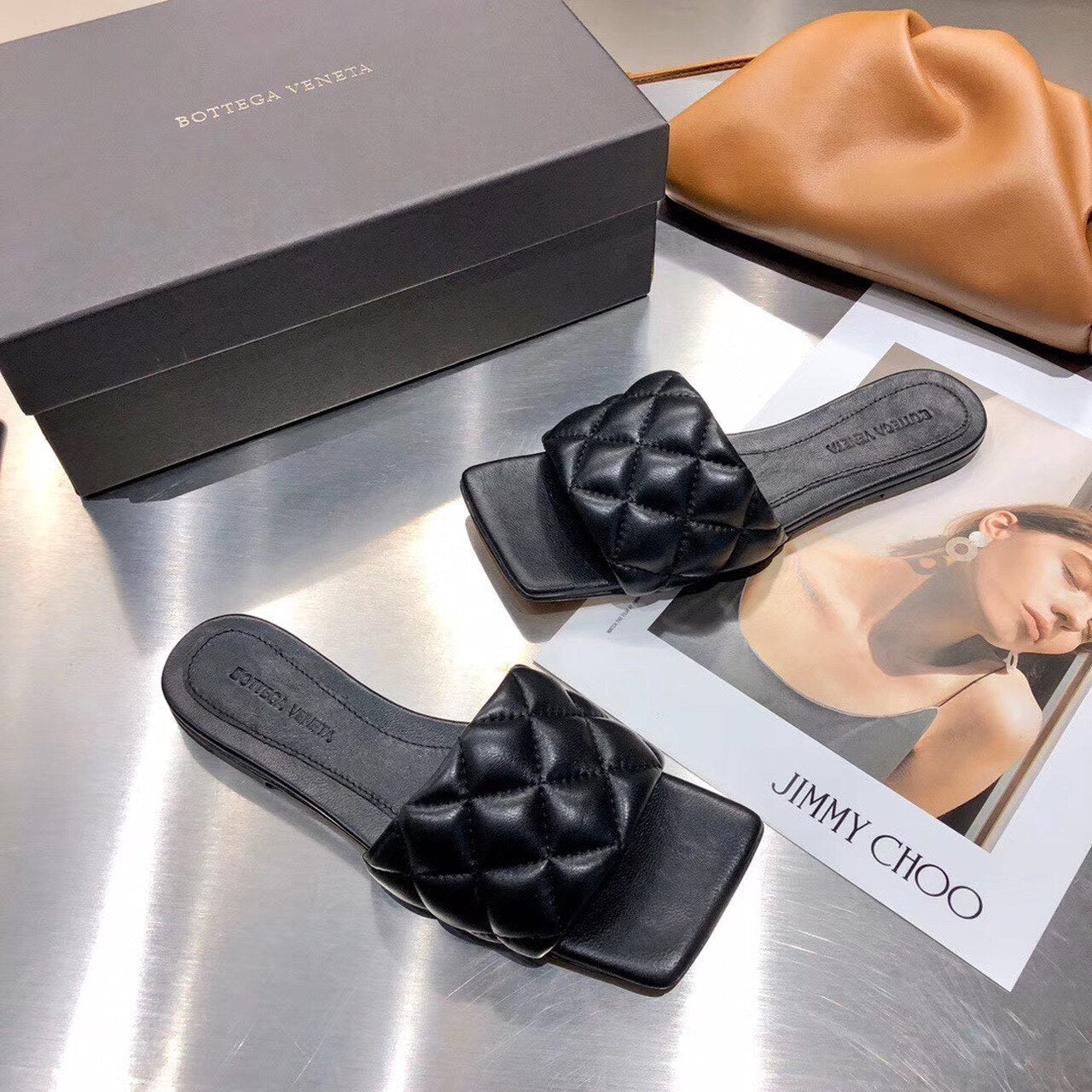 Bottega Veneta Square Toe Padded Sandals Calfskin Leather Spring/Summer 2020 Collection, Black