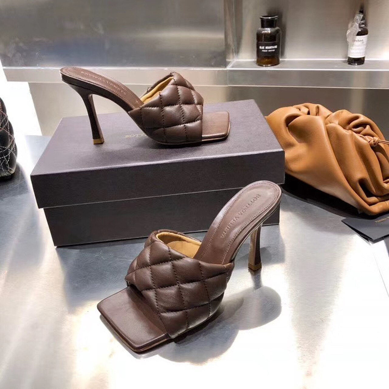Bottega Veneta Puffy Dream Square Mules Lambskin Leather Spring/Summer 2020 Collection, Brown