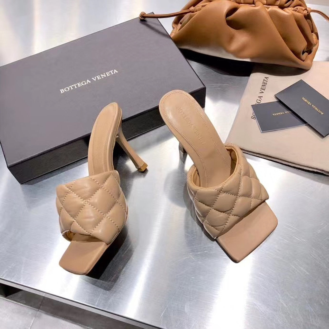 Bottega Veneta Puffy Dream Square Mules Lambskin Leather Spring/Summer 2020 Collection, Beige