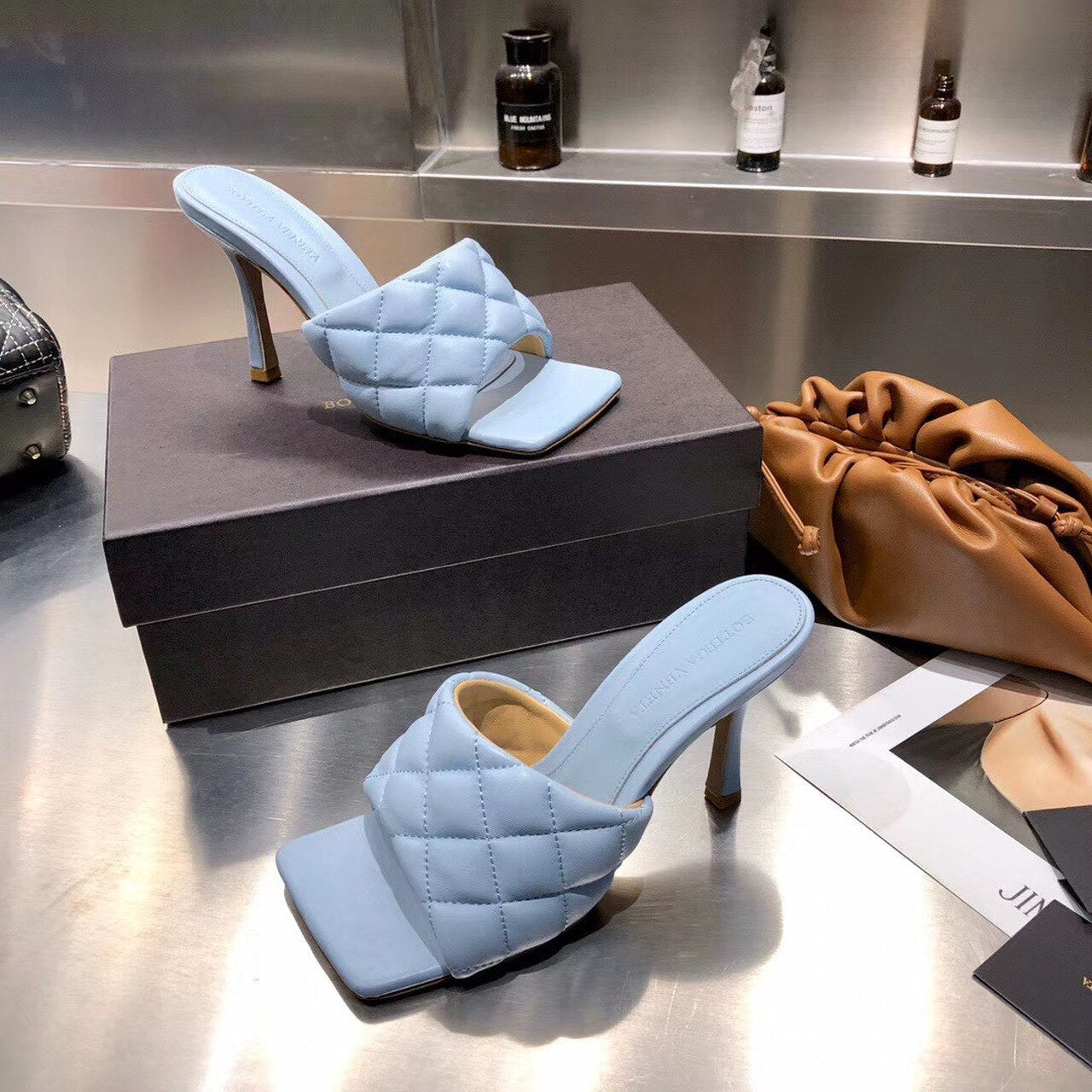 Bottega Veneta Puffy Dream Square Mules Lambskin Leather Spring/Summer 2020 Collection, Light Blue