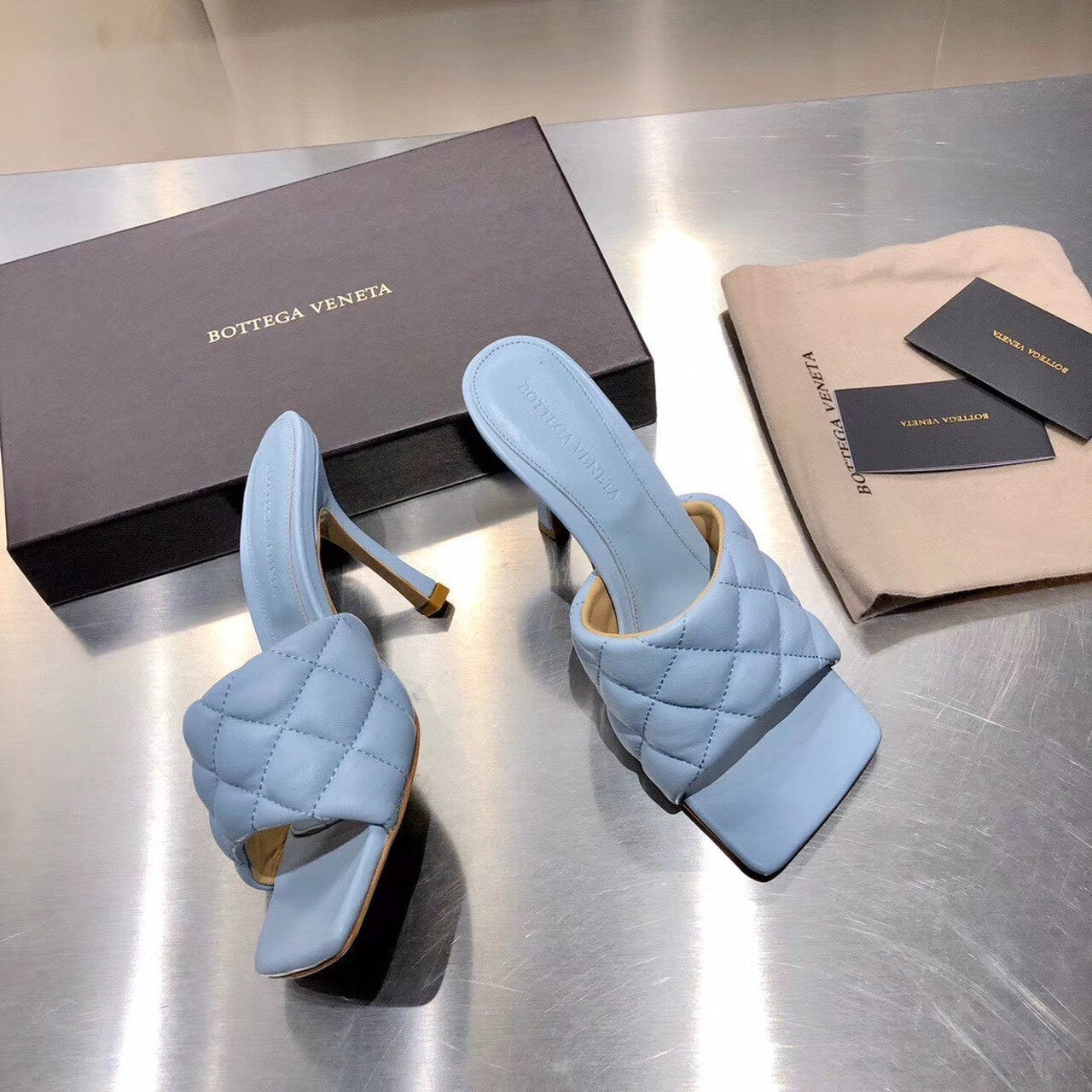 Bottega Veneta Puffy Dream Square Mules Lambskin Leather Spring/Summer 2020 Collection, Light Blue
