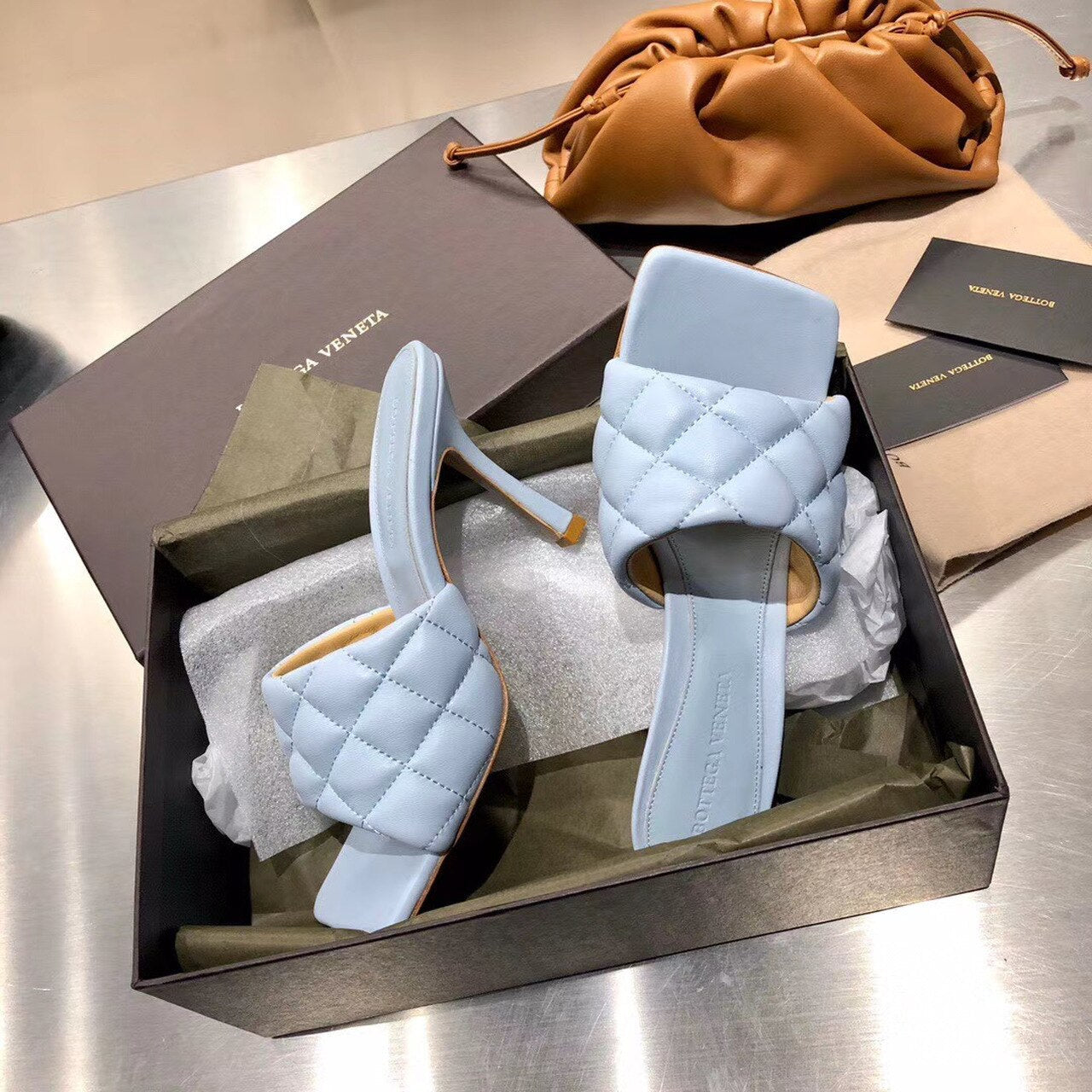 Bottega Veneta Puffy Dream Square Mules Lambskin Leather Spring/Summer 2020 Collection, Light Blue
