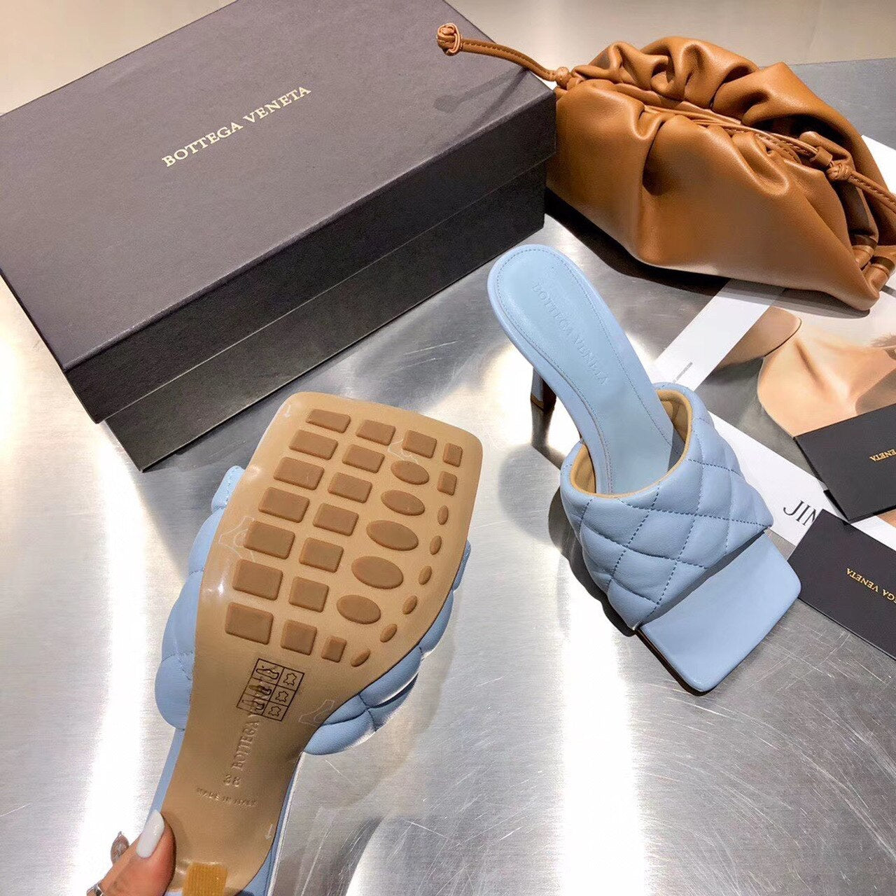Bottega Veneta Puffy Dream Square Mules Lambskin Leather Spring/Summer 2020 Collection, Light Blue