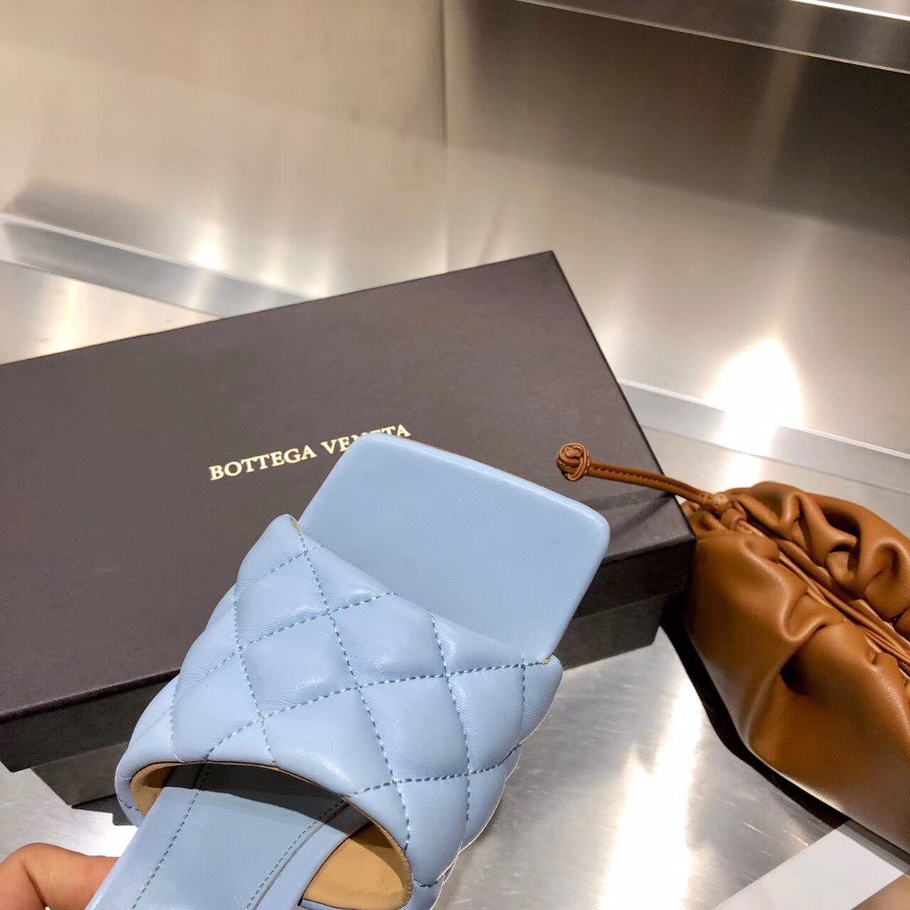 Bottega Veneta Puffy Dream Square Mules Lambskin Leather Spring/Summer 2020 Collection, Light Blue