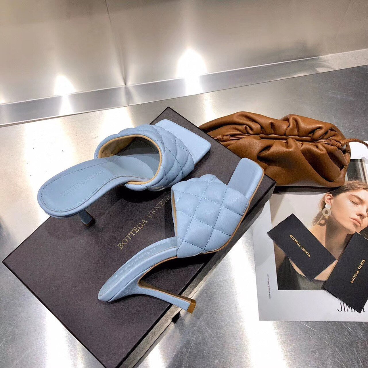 Bottega Veneta Puffy Dream Square Mules Lambskin Leather Spring/Summer 2020 Collection, Light Blue