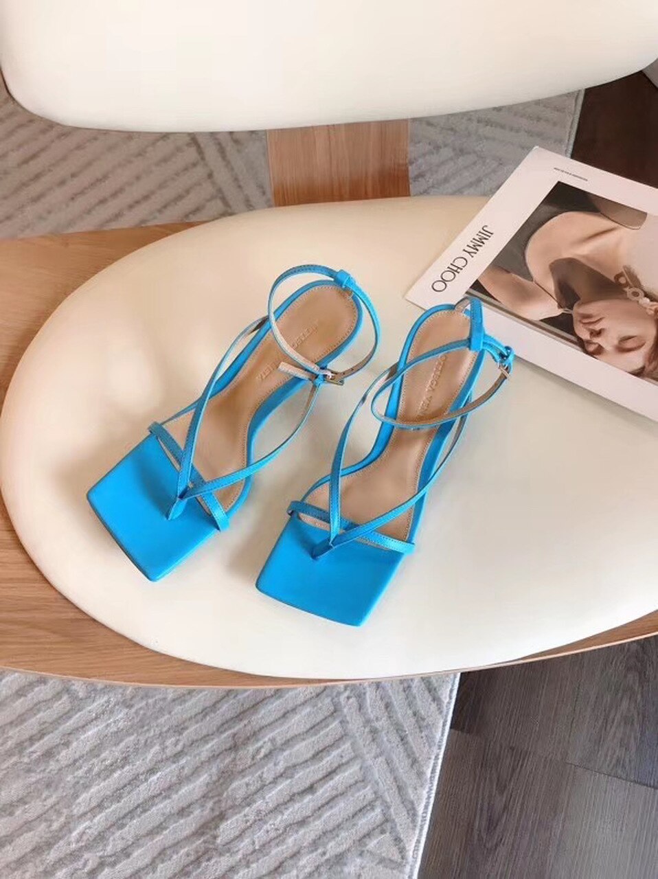 Bottega Veneta Square Toe Thong Sandals Lambskin Leather Spring/Summer 2020 Collection, Light Blue