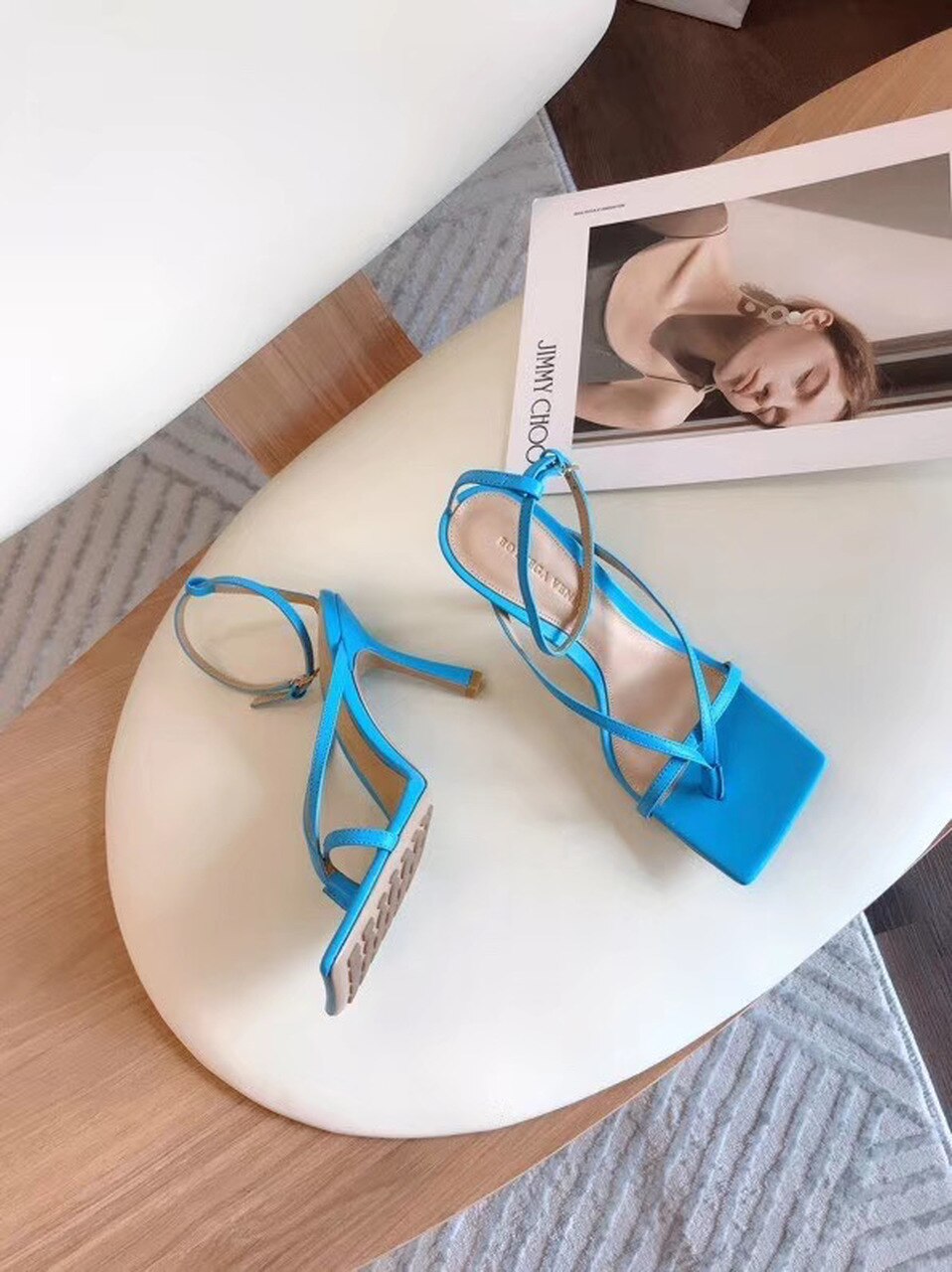 Bottega Veneta Square Toe Thong Sandals Lambskin Leather Spring/Summer 2020 Collection, Light Blue