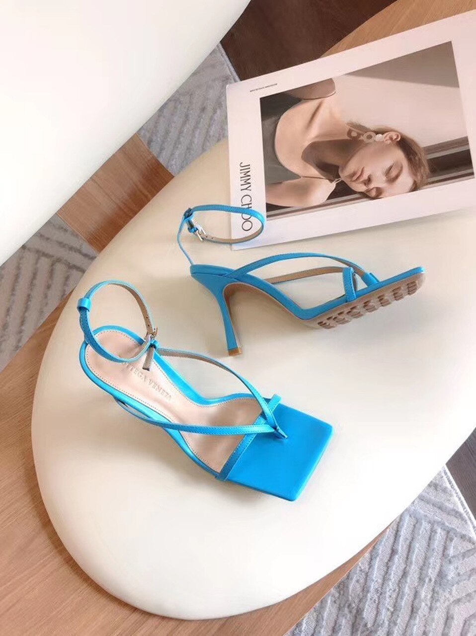 Bottega Veneta Square Toe Thong Sandals Lambskin Leather Spring/Summer 2020 Collection, Light Blue