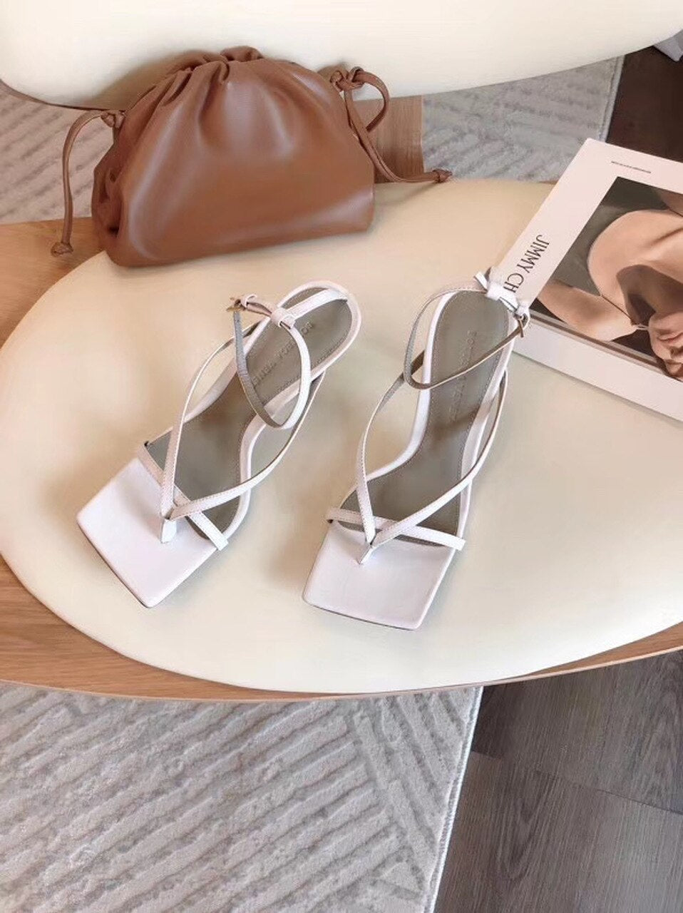 Bottega Veneta Square Toe Thong Sandals Lambskin Leather Spring/Summer 2020 Collection, White