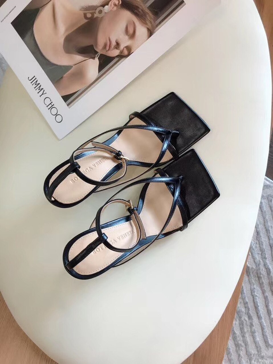 Bottega Veneta Square Toe Thong Sandals Lambskin Leather Spring/Summer Collection, Black