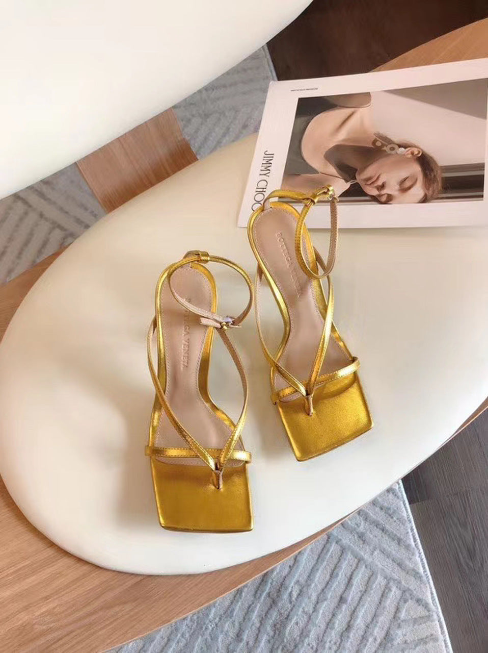 Bottega Veneta Square Toe Thong Sandals Lambskin Leather Spring/Summer 2020 Collection, Gold