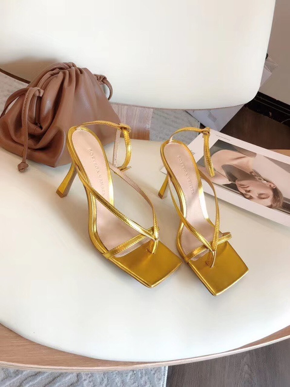 Bottega Veneta Square Toe Thong Sandals Lambskin Leather Spring/Summer 2020 Collection, Gold