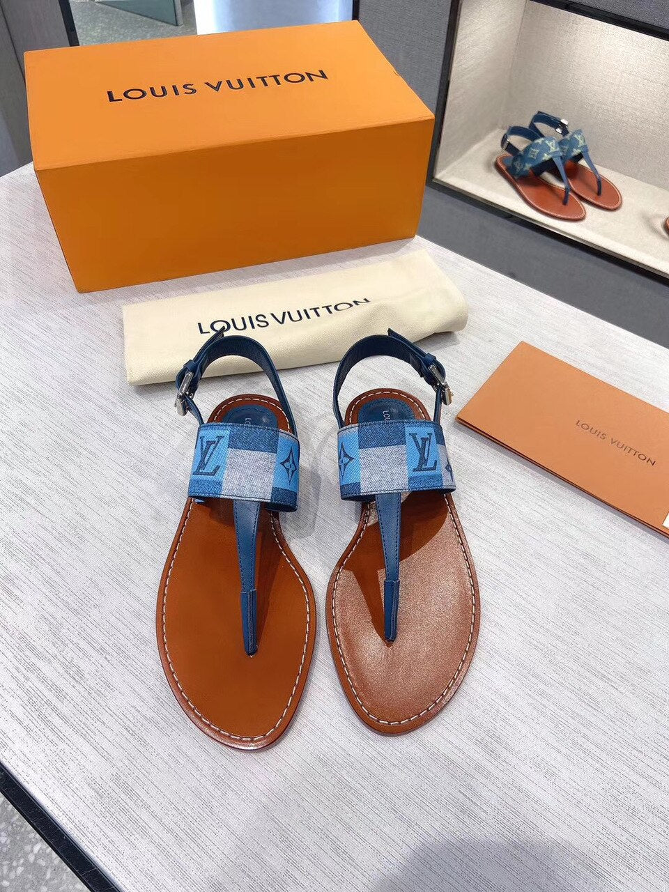 Louis Vuitton Starboard Denim Thong Sandals Calfskin Leather Spring/Summer Collection Blue