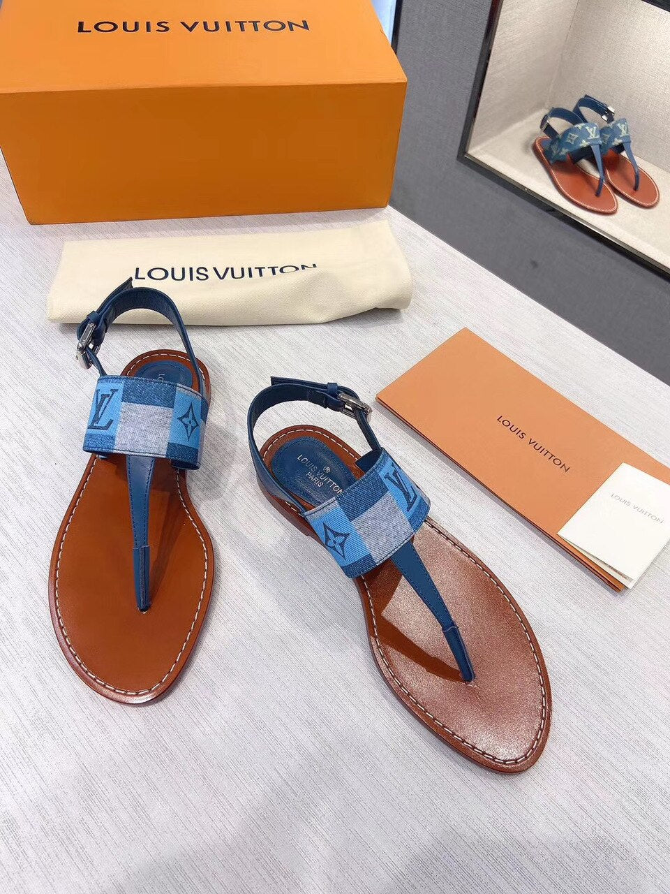 Louis Vuitton Starboard Denim Thong Sandals Calfskin Leather Spring/Summer Collection Blue