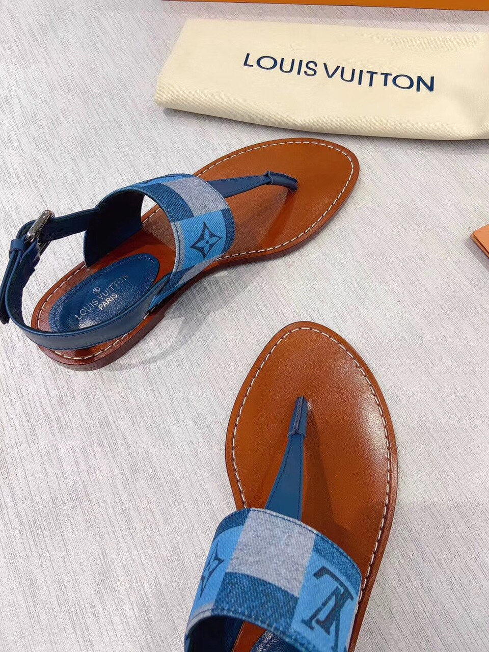 Louis Vuitton Starboard Denim Thong Sandals Calfskin Leather Spring/Summer Collection Blue