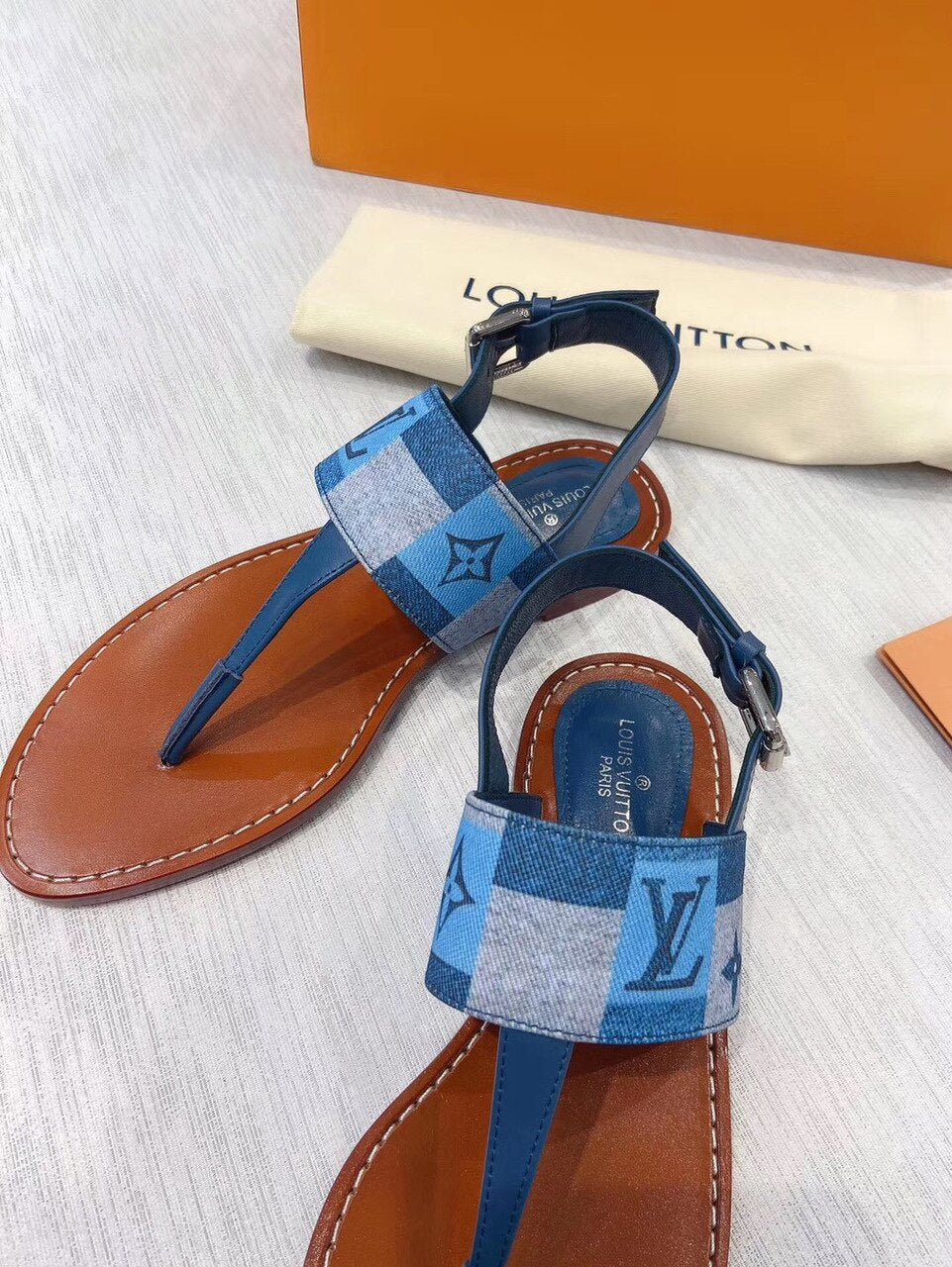 Louis Vuitton Starboard Denim Thong Sandals Calfskin Leather Spring/Summer Collection Blue