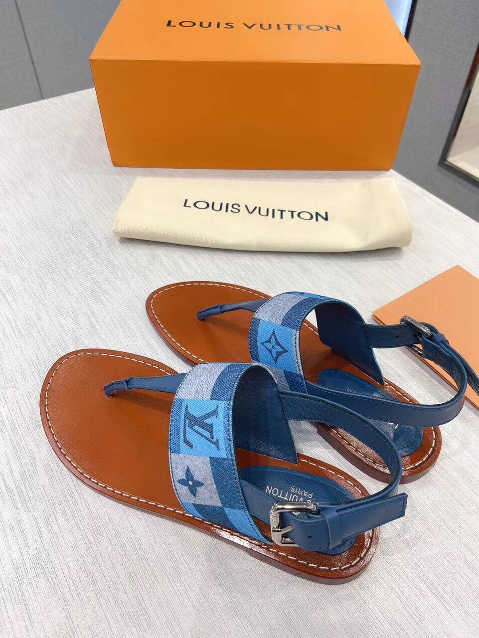 Louis Vuitton Starboard Denim Thong Sandals Calfskin Leather Spring/Summer Collection Blue