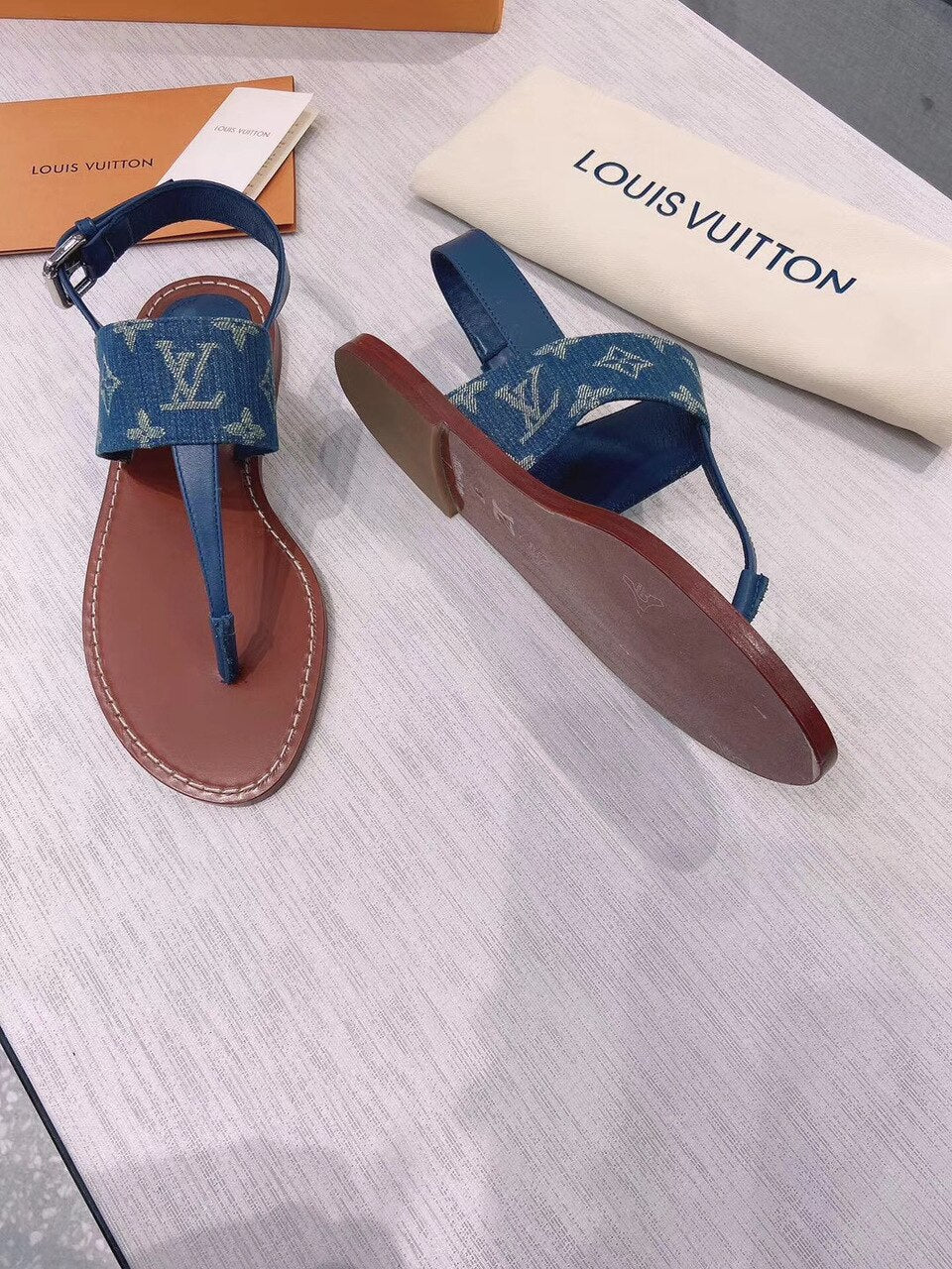 Louis Vuitton Starboard Denim Thong Sandals Calfskin Leather Spring/Summer Collection 1A7RDP Blue