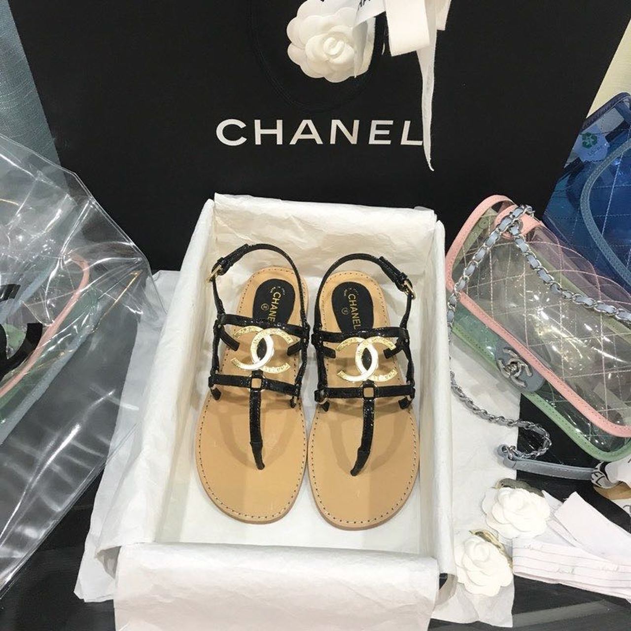 Chanel Cage CC Logo Thong Sandals Calfskin Leather Spring/Summer Act 2 Collection Black