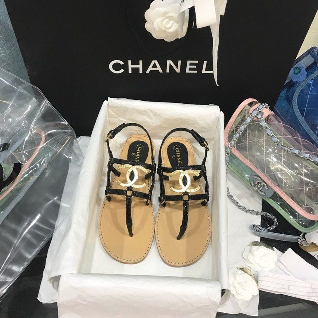 Chanel Cage CC Logo Thong Sandals Calfskin Leather Spring/Summer Act 2 Collection Black