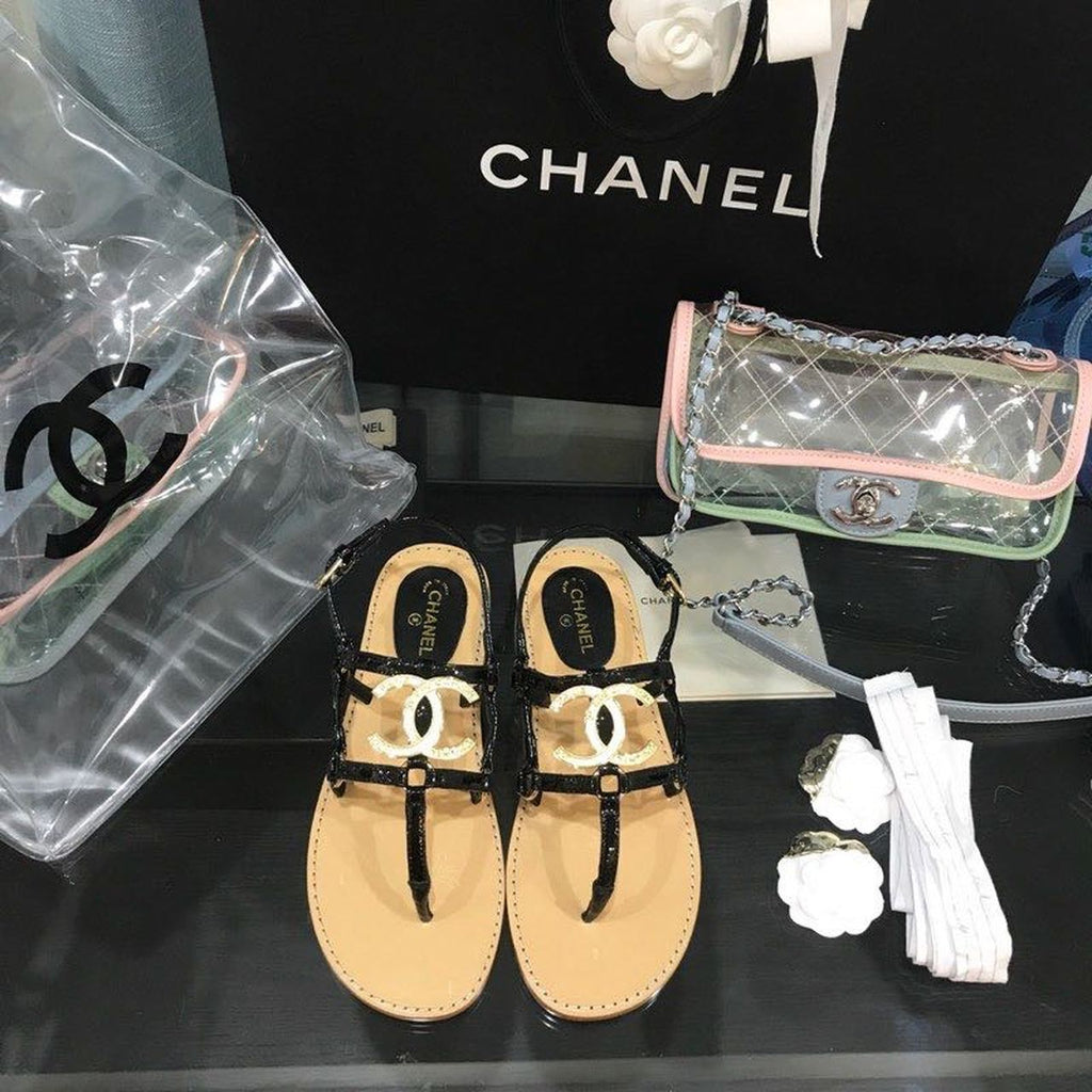 Chanel Cage CC Logo Thong Sandals Calfskin Leather Spring/Summer Act 2 Collection Black