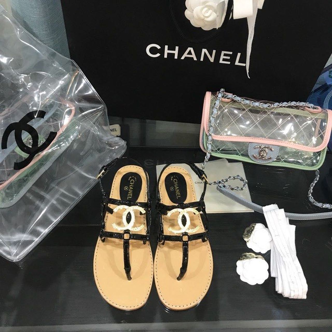 Chanel Cage CC Logo Thong Sandals Calfskin Leather Spring/Summer Act 2 Collection Black