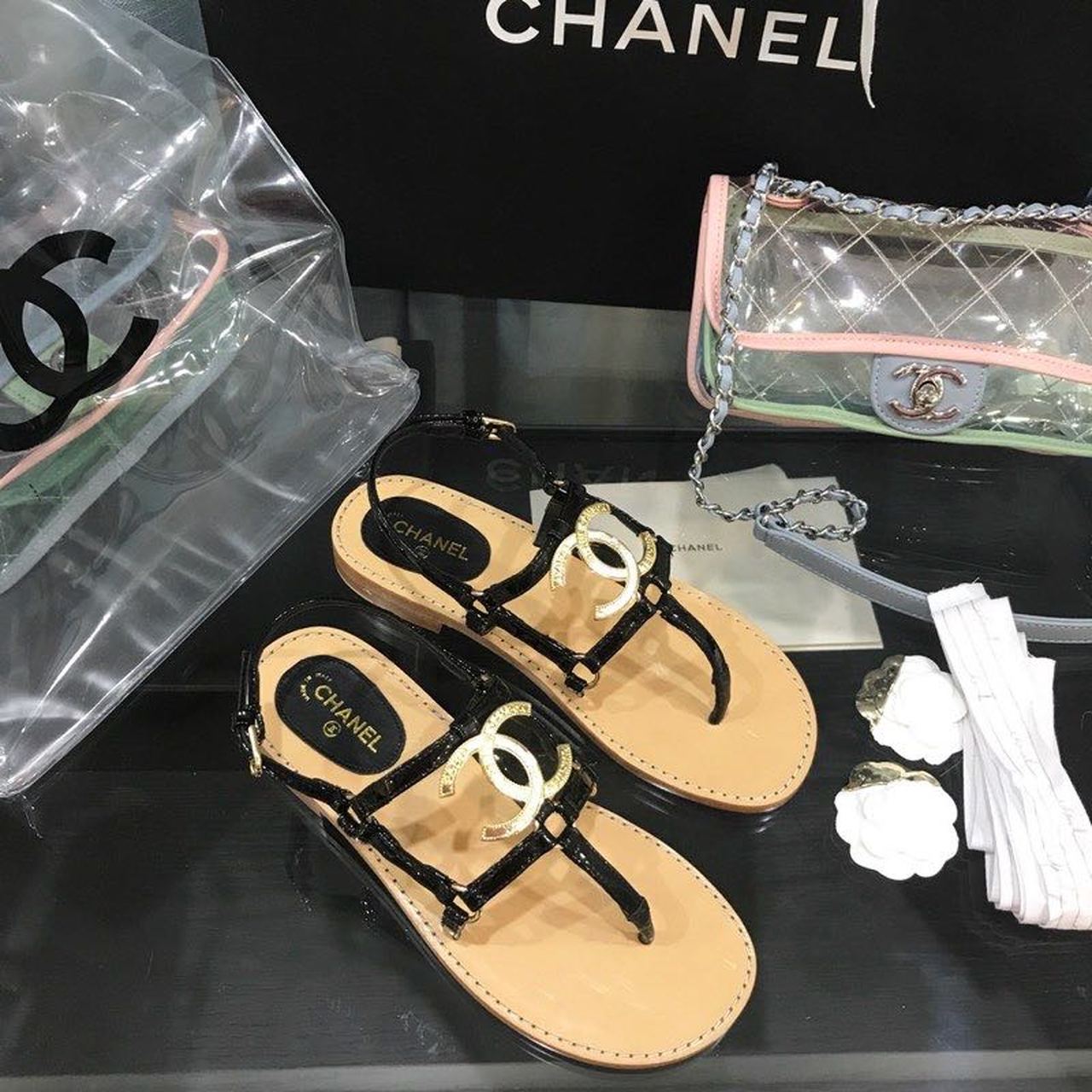 Chanel Cage CC Logo Thong Sandals Calfskin Leather Spring/Summer Act 2 Collection Black