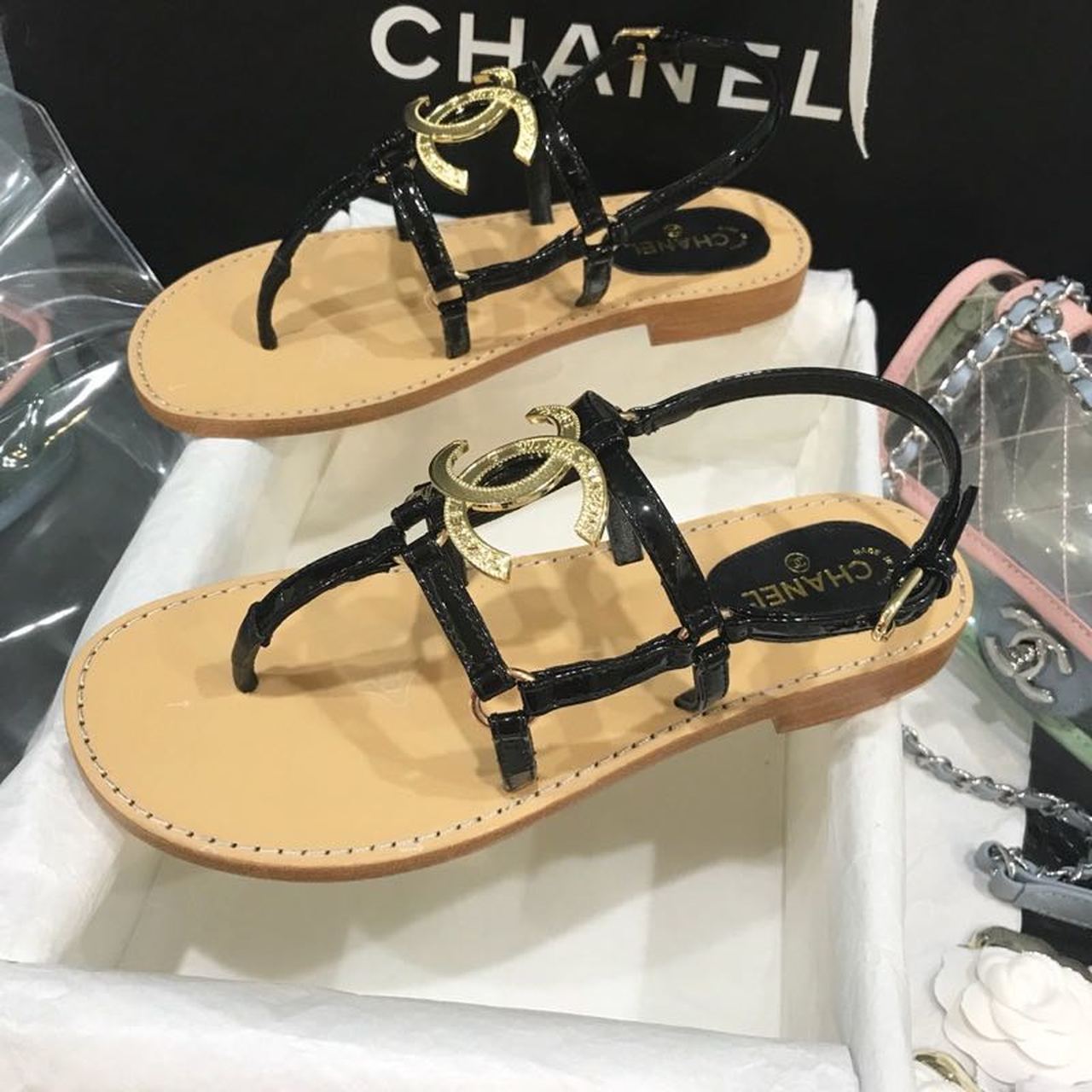 Chanel Cage CC Logo Thong Sandals Calfskin Leather Spring/Summer Act 2 Collection Black