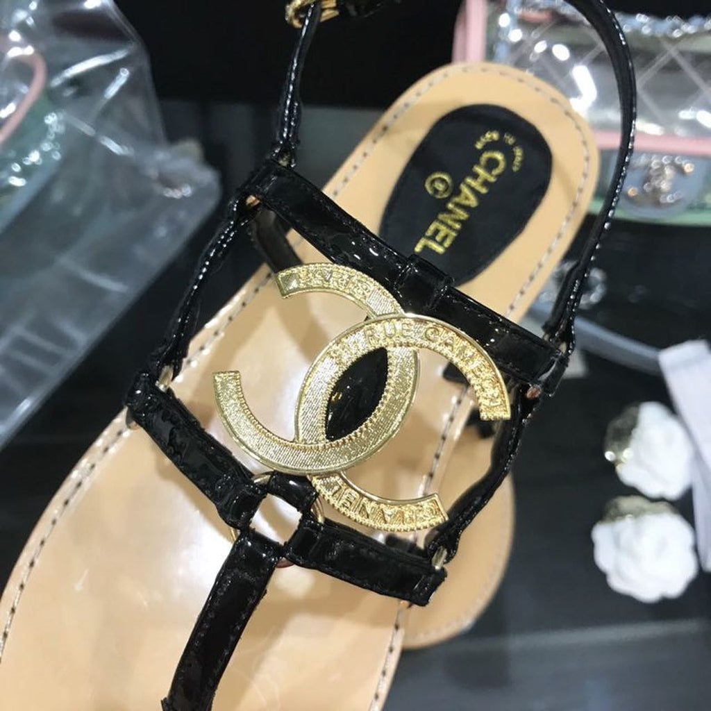 Chanel Cage CC Logo Thong Sandals Calfskin Leather Spring/Summer Act 2 Collection Black