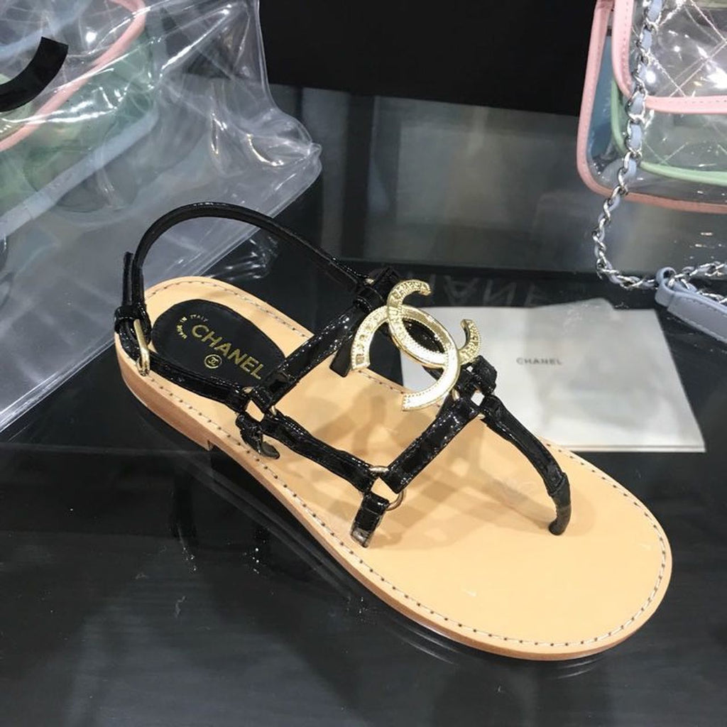 Chanel Cage CC Logo Thong Sandals Calfskin Leather Spring/Summer Act 2 Collection Black