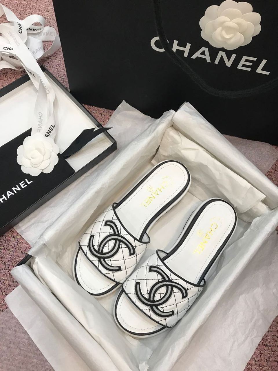 Chanel Tweed CC Logo Mule Sandals Calfskin Leather Spring/Summer Act 2 Collection White/Black