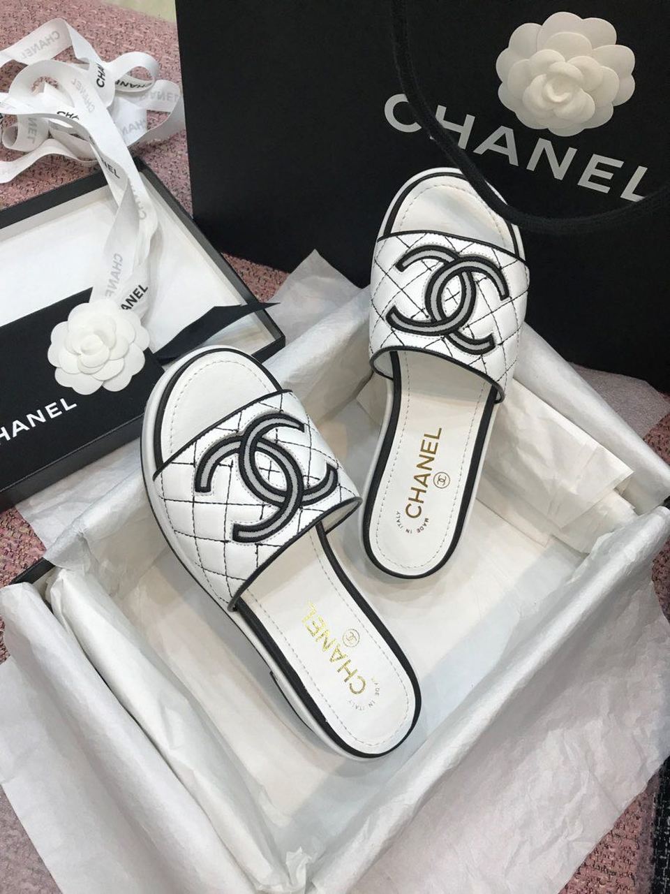 Chanel Tweed CC Logo Mule Sandals Calfskin Leather Spring/Summer Act 2 Collection White/Black