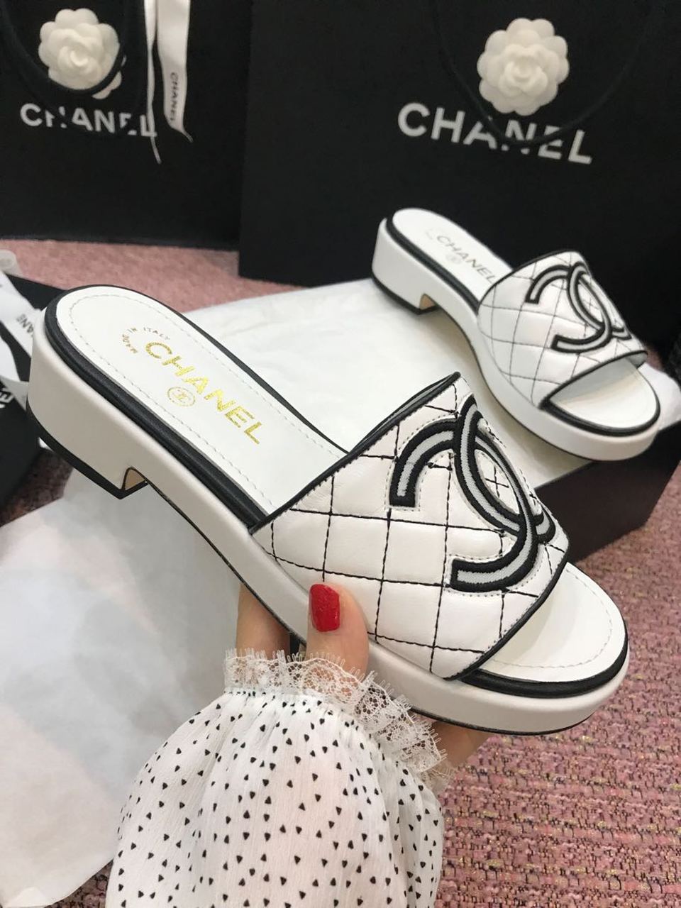 Chanel Tweed CC Logo Mule Sandals Calfskin Leather Spring/Summer Act 2 Collection White/Black