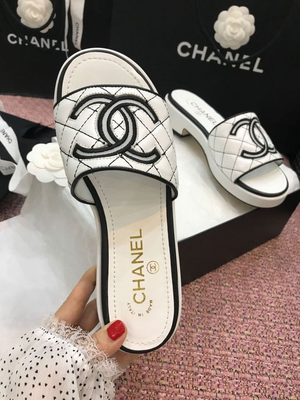 Chanel Tweed CC Logo Mule Sandals Calfskin Leather Spring/Summer Act 2 Collection White/Black