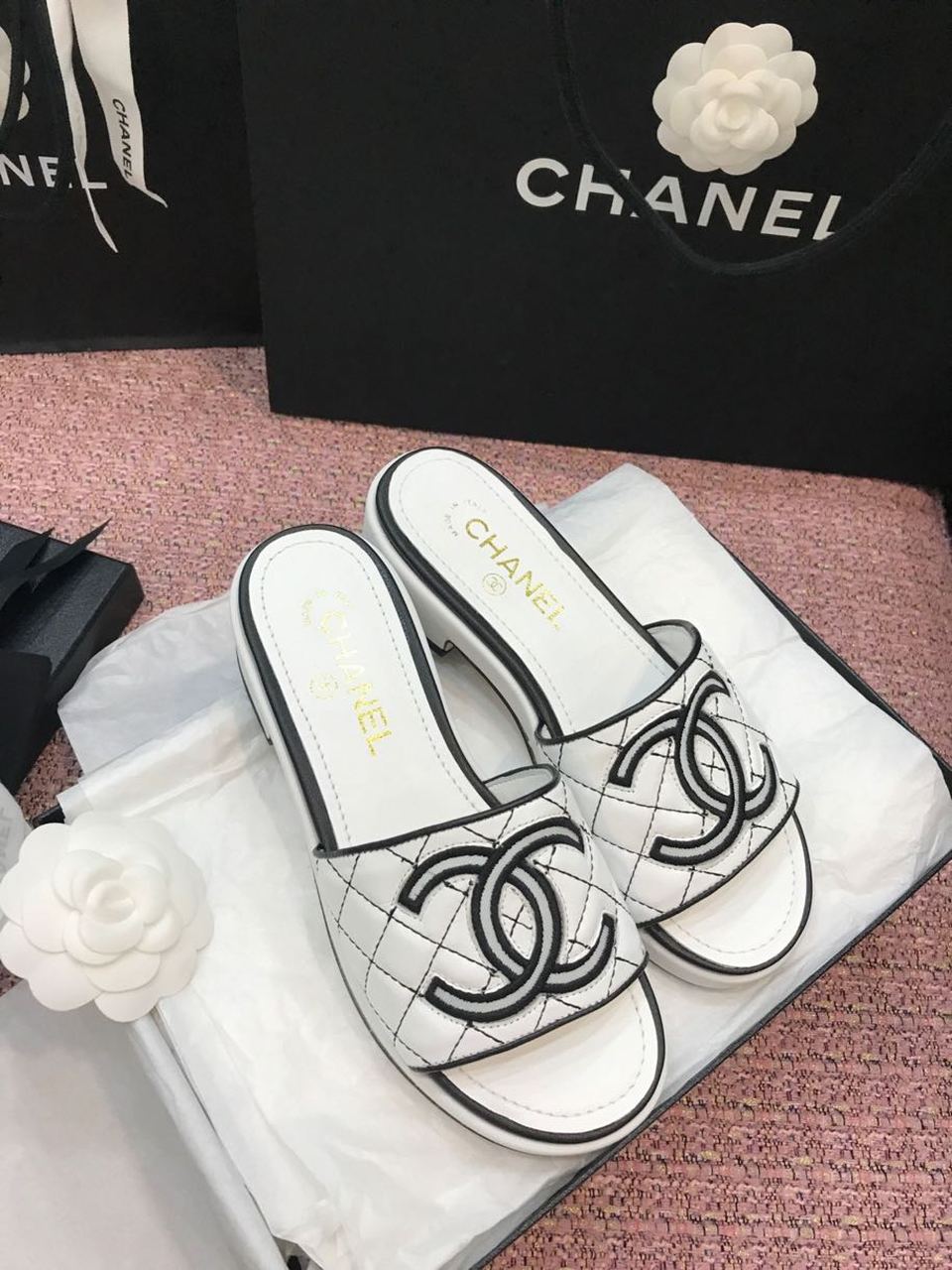 Chanel Tweed CC Logo Mule Sandals Calfskin Leather Spring/Summer Act 2 Collection White/Black