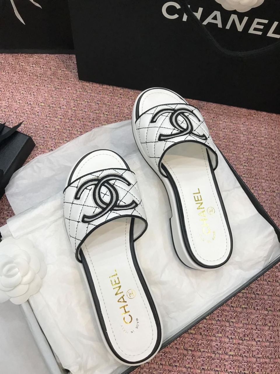 Chanel Tweed CC Logo Mule Sandals Calfskin Leather Spring/Summer Act 2 Collection White/Black