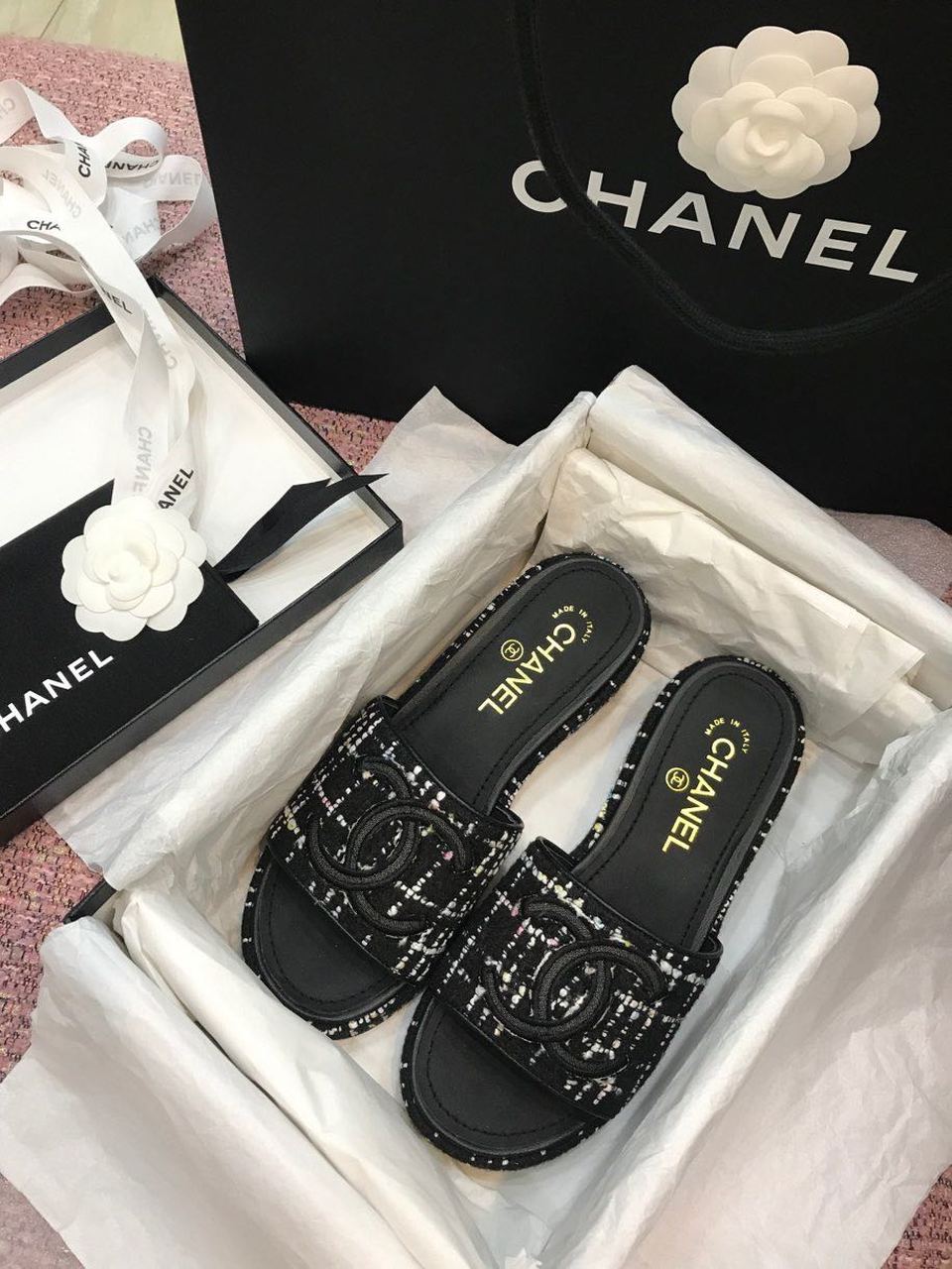 Chanel Tweed CC Logo Mule Sandals Calfskin Leather Spring/Summer Act 2 Collection Black