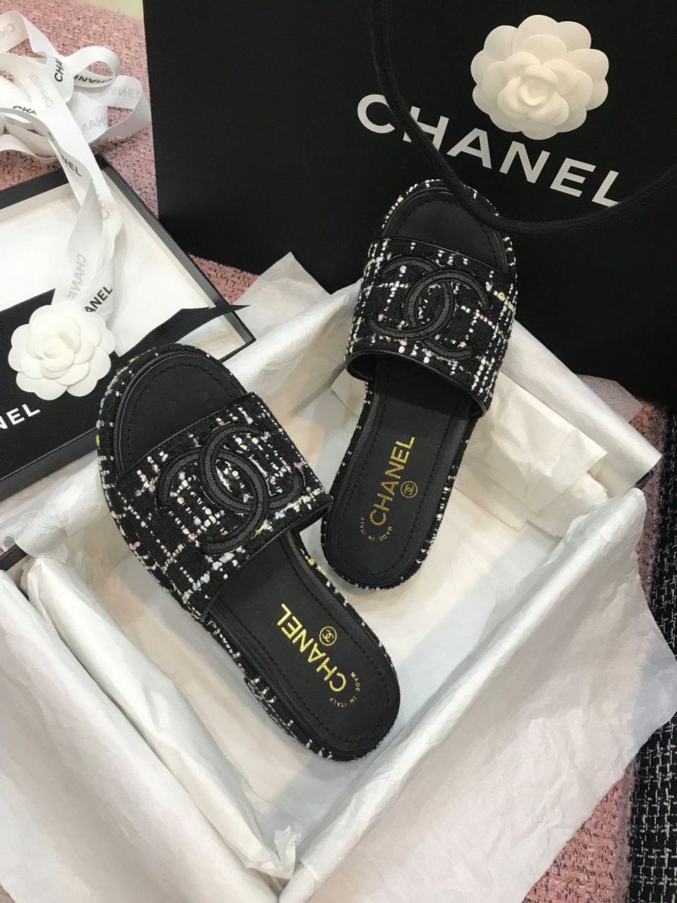 Chanel Tweed CC Logo Mule Sandals Calfskin Leather Spring/Summer Act 2 Collection Black