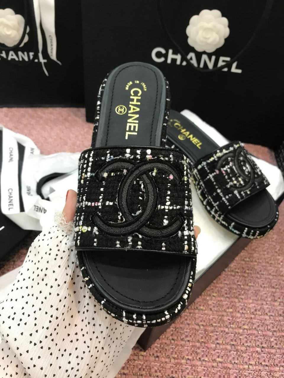 Chanel Tweed CC Logo Mule Sandals Calfskin Leather Spring/Summer Act 2 Collection Black