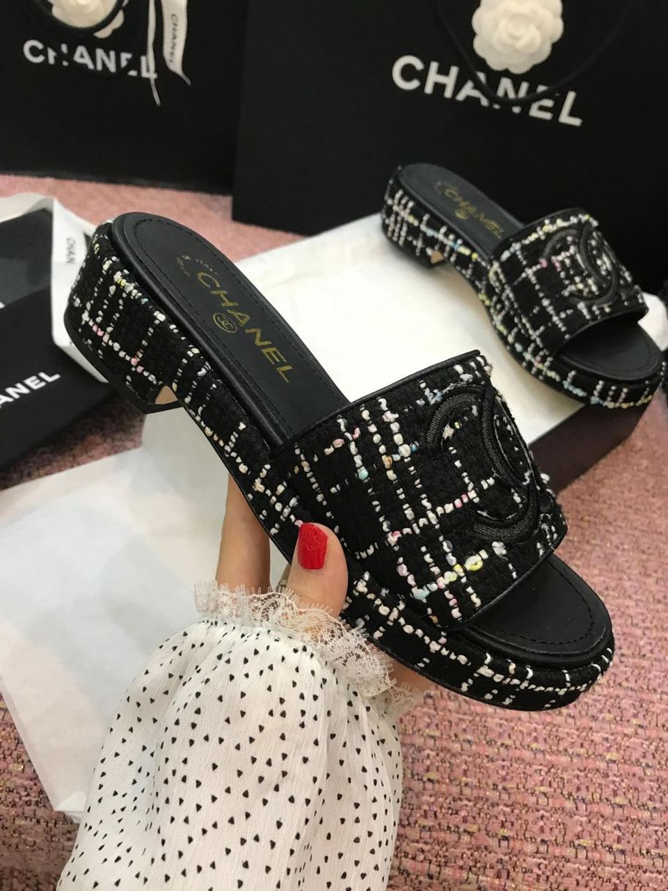Chanel Tweed CC Logo Mule Sandals Calfskin Leather Spring/Summer Act 2 Collection Black