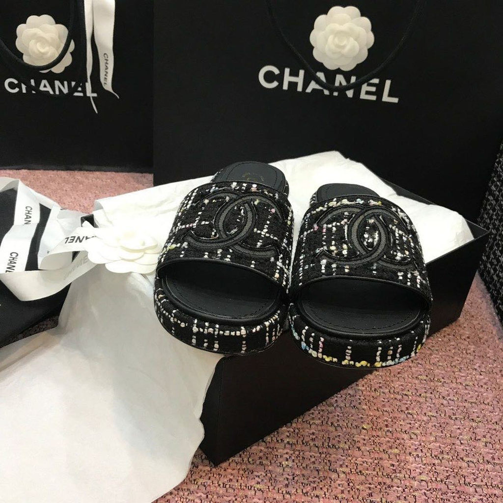 Chanel Tweed CC Logo Mule Sandals Calfskin Leather Spring/Summer Act 2 Collection Black