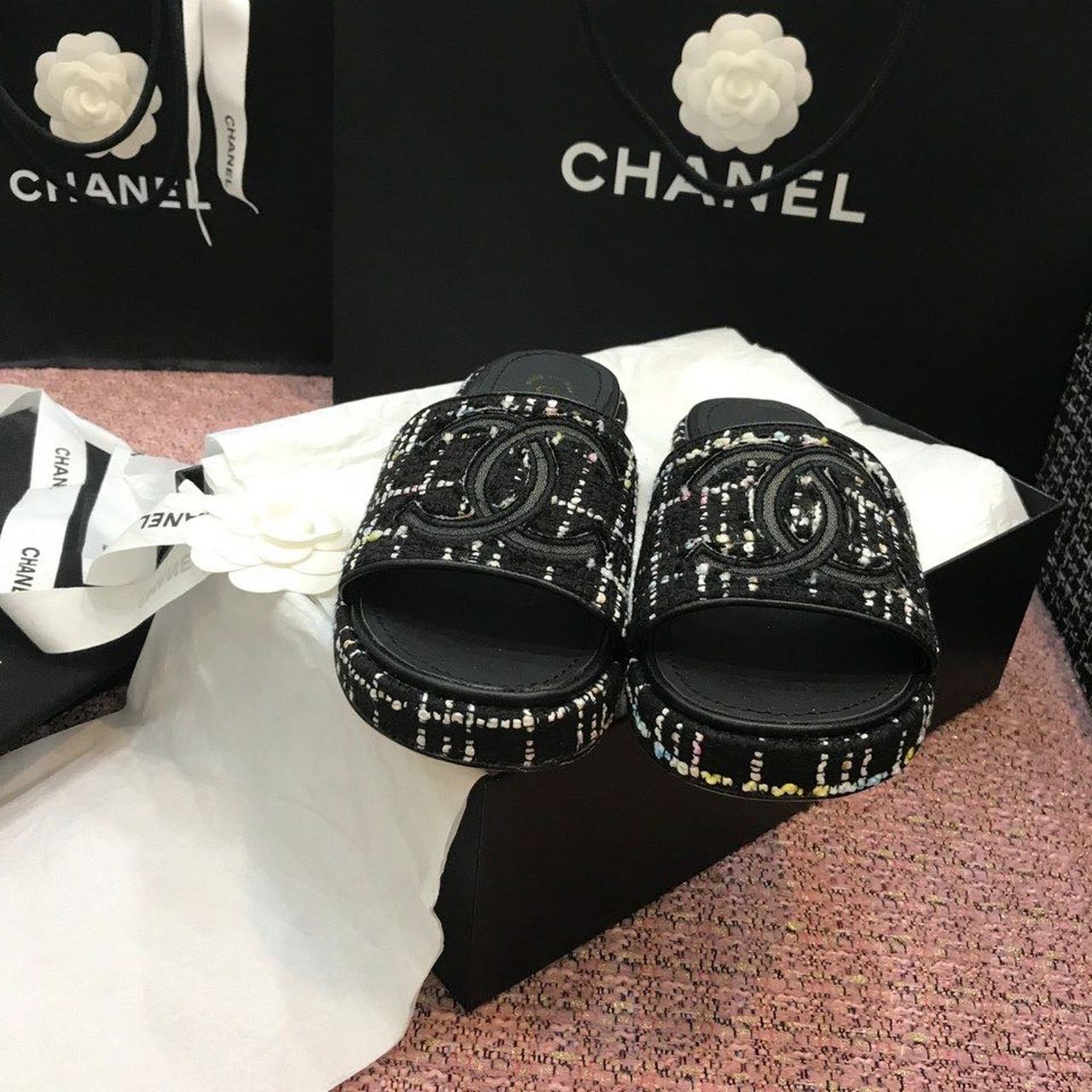 Chanel Tweed CC Logo Mule Sandals Calfskin Leather Spring/Summer Act 2 Collection Black