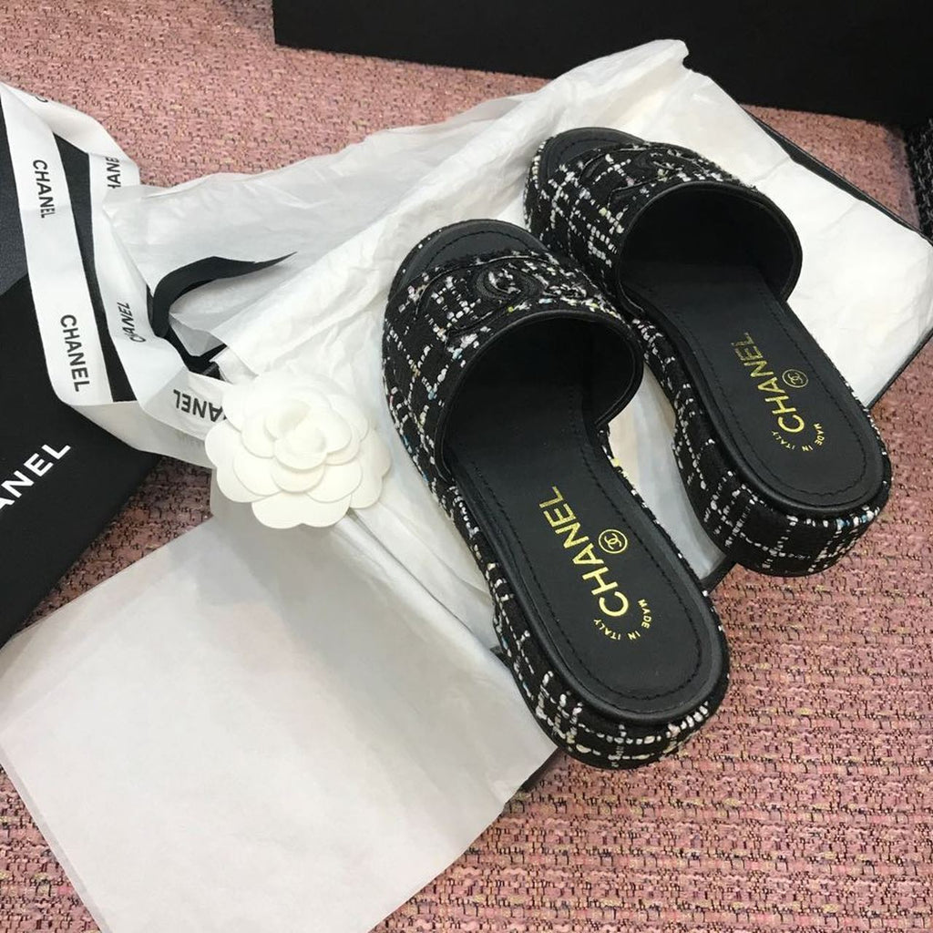 Chanel Tweed CC Logo Mule Sandals Calfskin Leather Spring/Summer Act 2 Collection Black